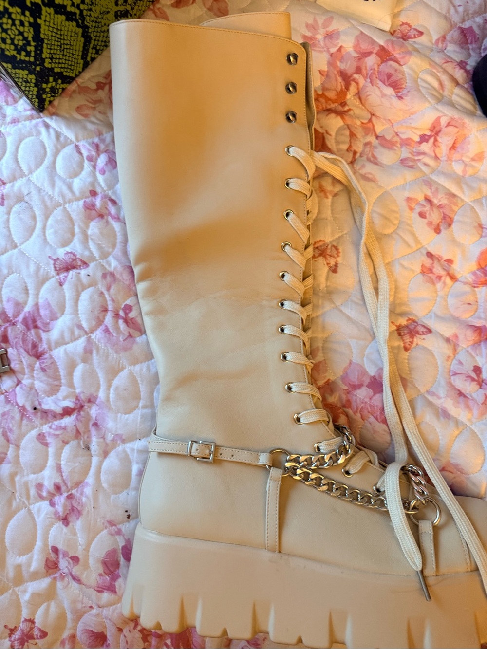 Cape Robbin Cream Lace-Up Platform Boot with Chain Accent